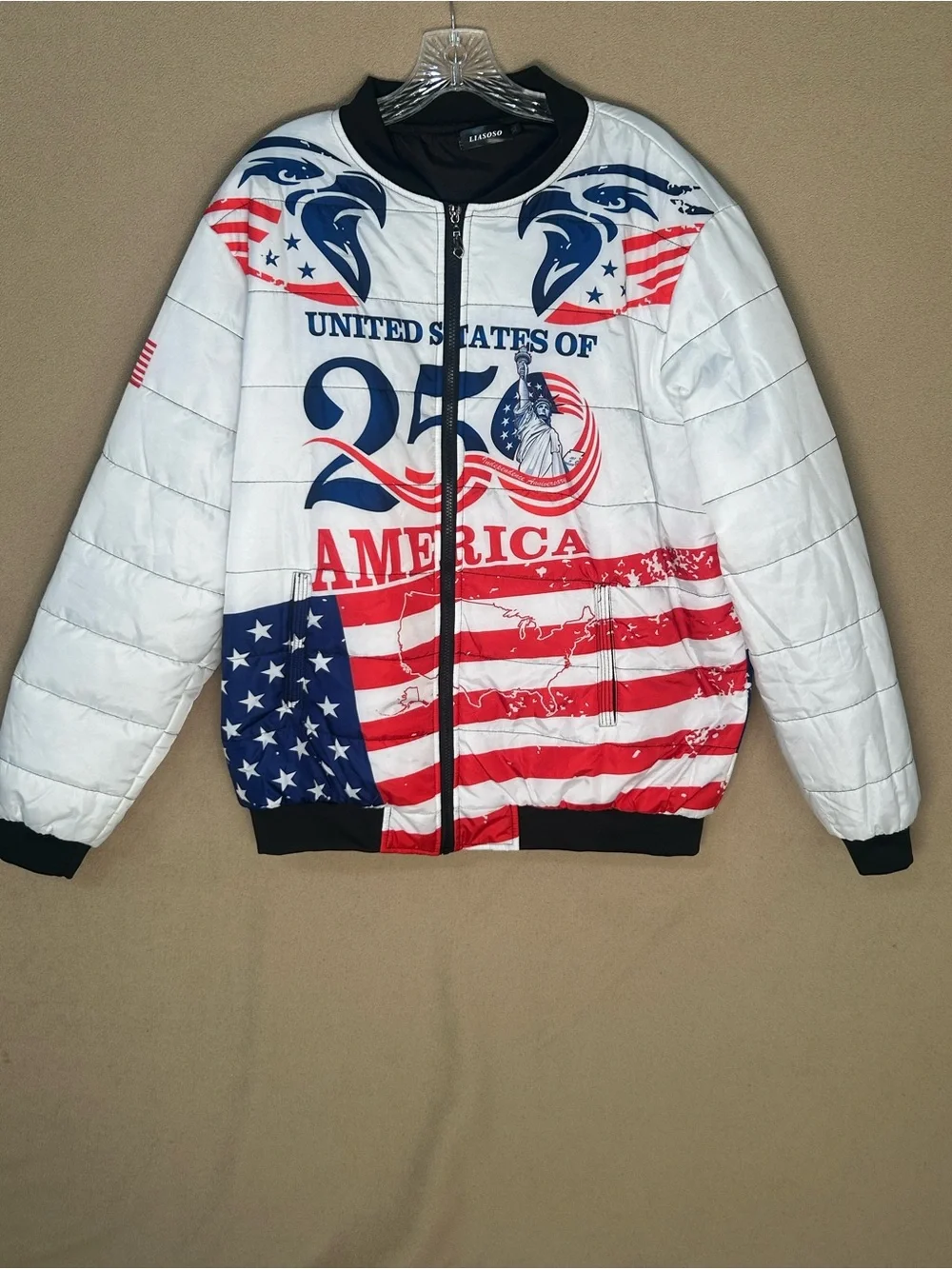 XL puffer quilted bomber jacket celebrating 250 USA Patriotic graphic design.